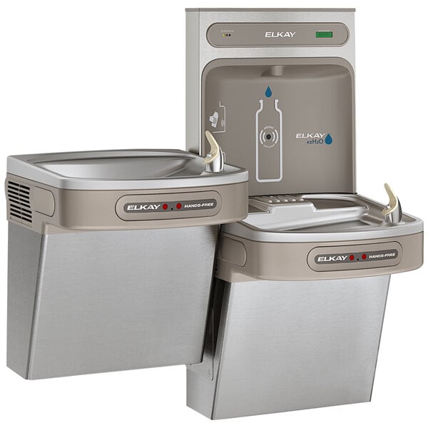 An Elkay stainless steel dual water bottle filling station above a drinking fountain.