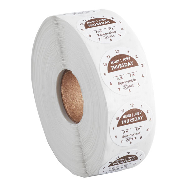 A roll of round removable labels marked for Thursday with clock times and multilingual text.