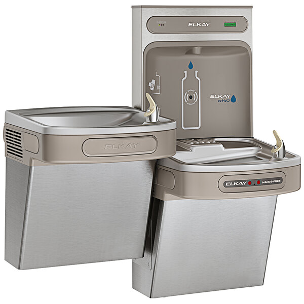 An Elkay stainless steel bi-level water fountain with a bottle filling station and drinking fountain.