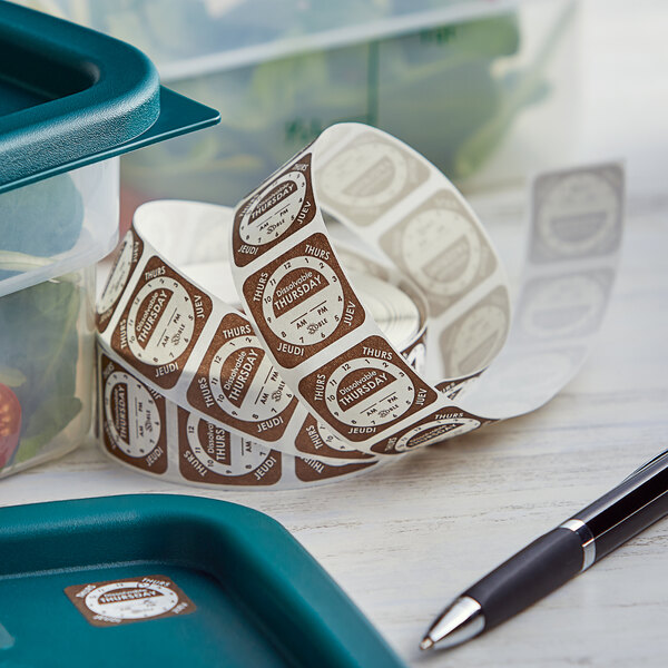 A roll of Noble Products Thursday 1" Dissolvable Day of the Week Clock label stickers next to a container with a lid and a pen.