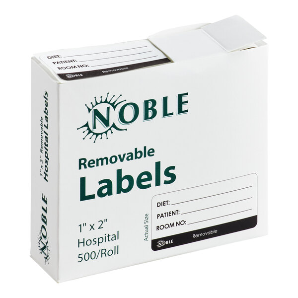 A box of Noble Products 1" x 2" removable hospital labels containing 500 labels per roll.