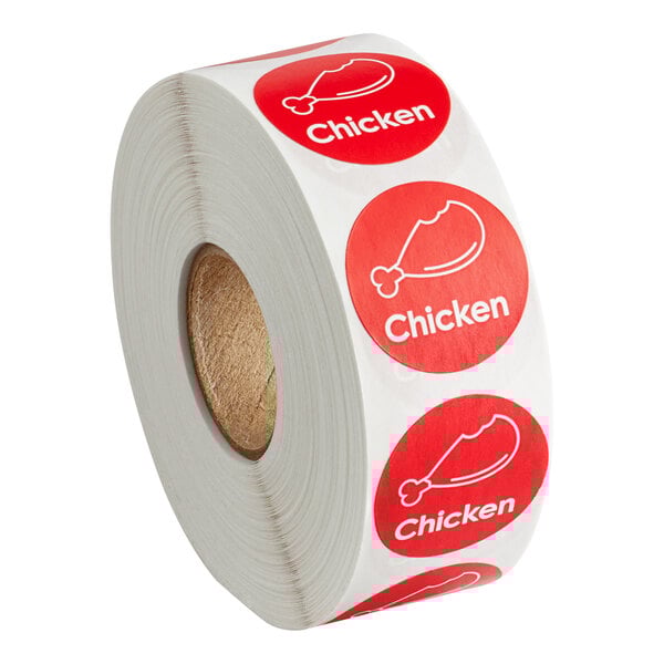 A roll of Point Plus Chicken stickers with a red label.
