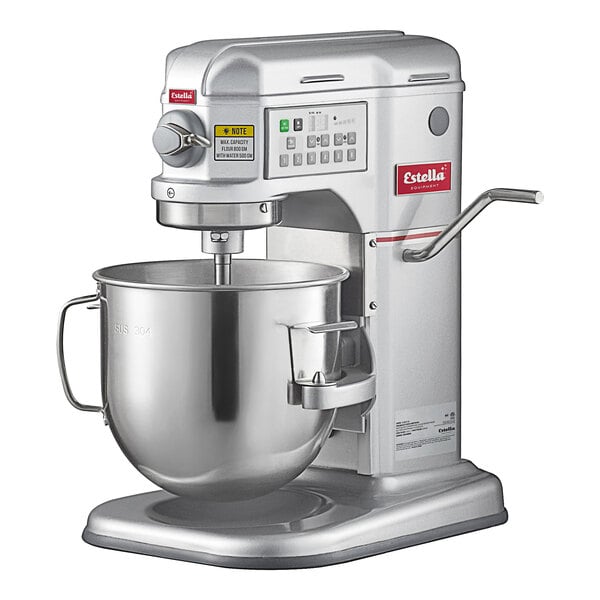 A silver Estella countertop mixer with a stainless steel bowl.