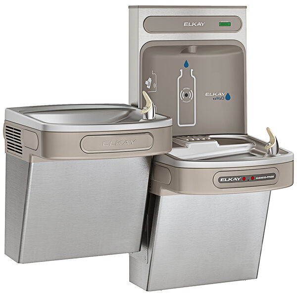 An Elkay stainless steel bi-level hands-free water bottle filling station and drinking fountain.