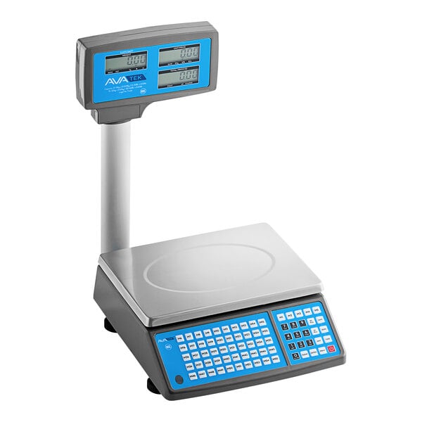 A grey and blue AvaWeigh digital price computing scale with a blue display on a counter.
