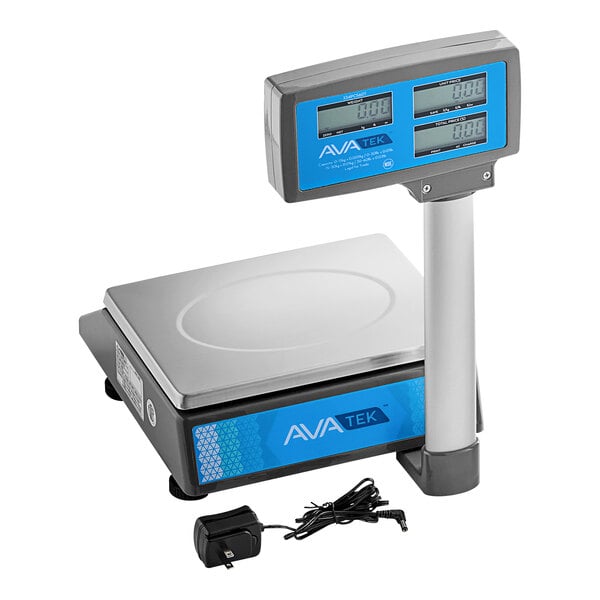 A grey AvaWeigh digital price computing scale with a blue screen on a counter.