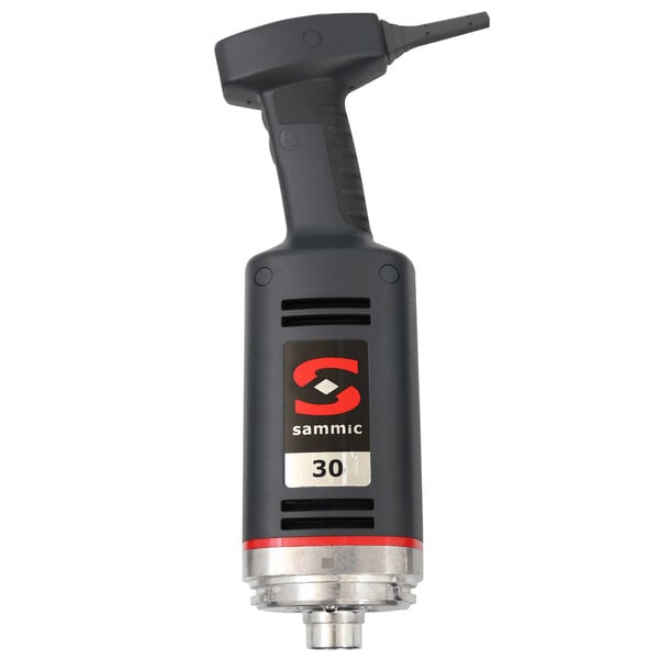 A black plastic motor block with a red and white Sammic logo and silver metal.