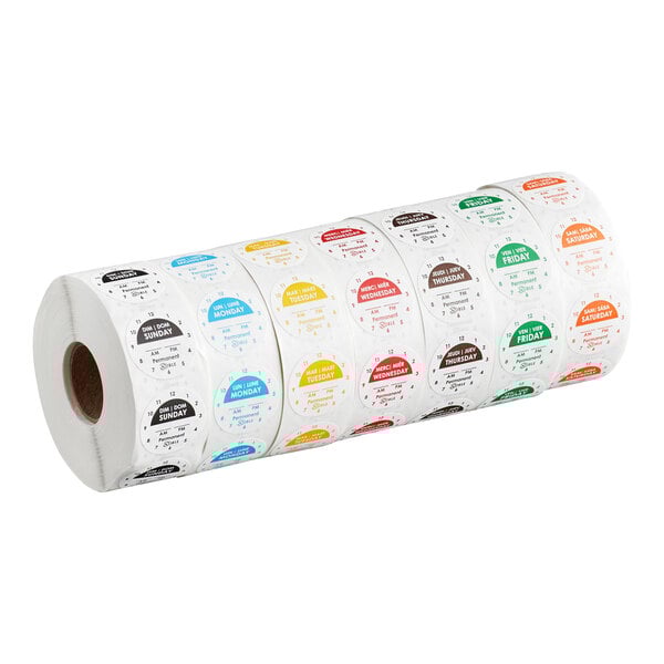 A roll of Noble Products 1-inch permanent day of the week clock labels in assorted colors.