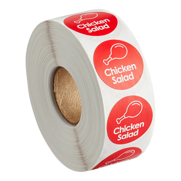 A roll of Point Plus chicken salad labels with a red background.