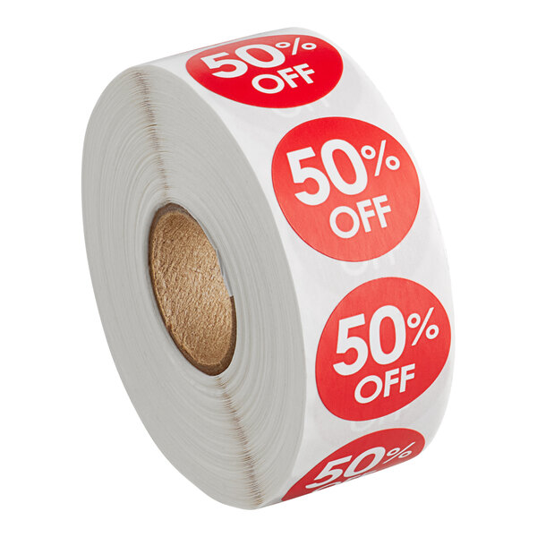 A roll of Point Plus 50% off red and white labels.