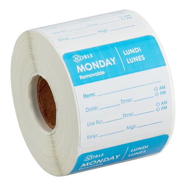 A roll of removable Monday day of the week labels with blue accents and spaces for item, date, time, use by, employee, and manager information.