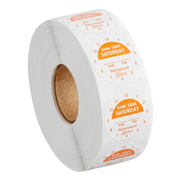 A roll of Noble Products Saturday 1-inch permanent day of the week clock labels.