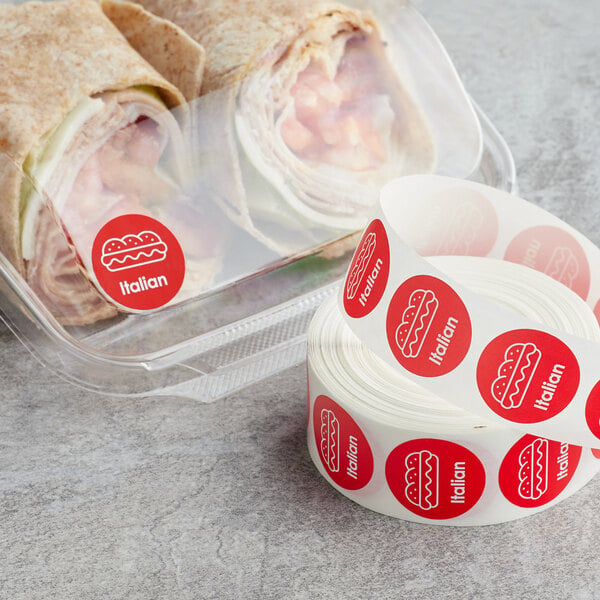 A wrap sandwich with a Point Plus Italian red label sticker.