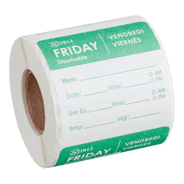 A roll of Noble Products Friday 2-inch by 2-inch dissolvable day of the week labels with spaces for item, date, time, use by, employee, and manager information.