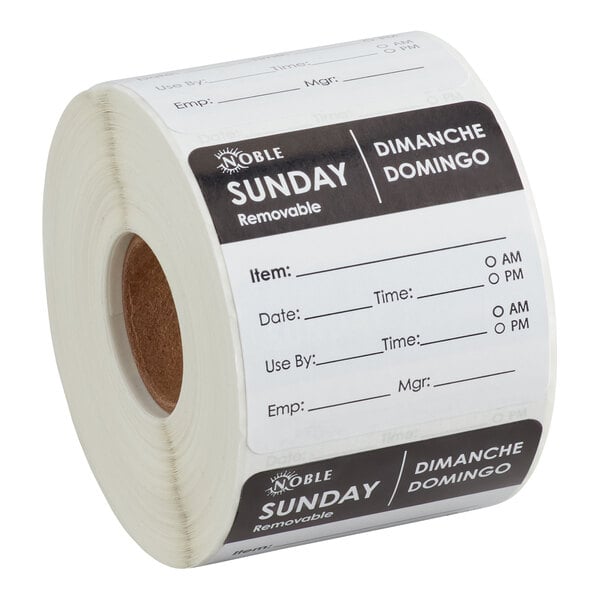 A roll of removable Sunday day of the week labels from Noble Products, measuring 2 inches by 2 inches, with 500 labels per roll.