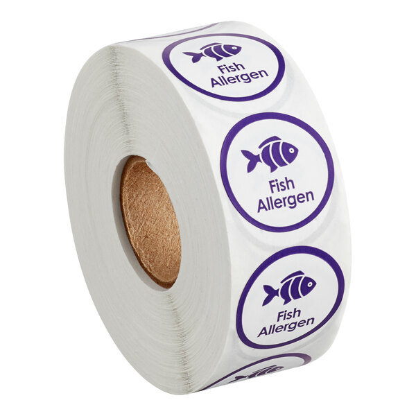 A roll of white and purple Point Plus labels with the words "fish allergen" and a fish logo.