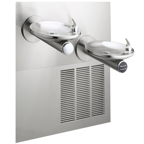 An Elkay stainless steel wall-mount drinking fountain with two faucets over a splash-resistant oval basin.