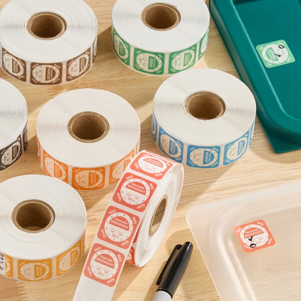 A set of Noble 1-inch dissolvable day of the week clock label rolls in various colors.