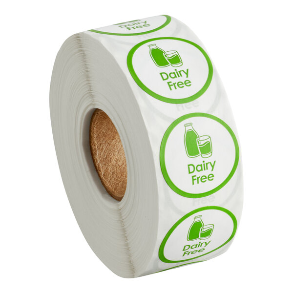 A roll of white paper with green "Dairy Free" stickers.