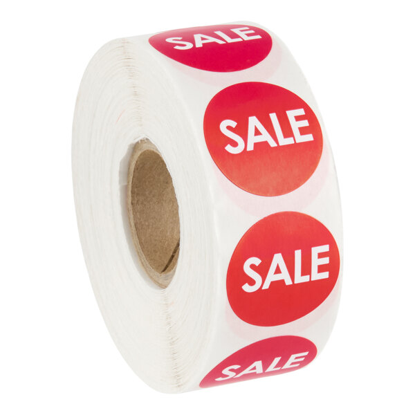 A roll of red circular labels with the word 'SALE' printed in white, containing 1,000 labels.