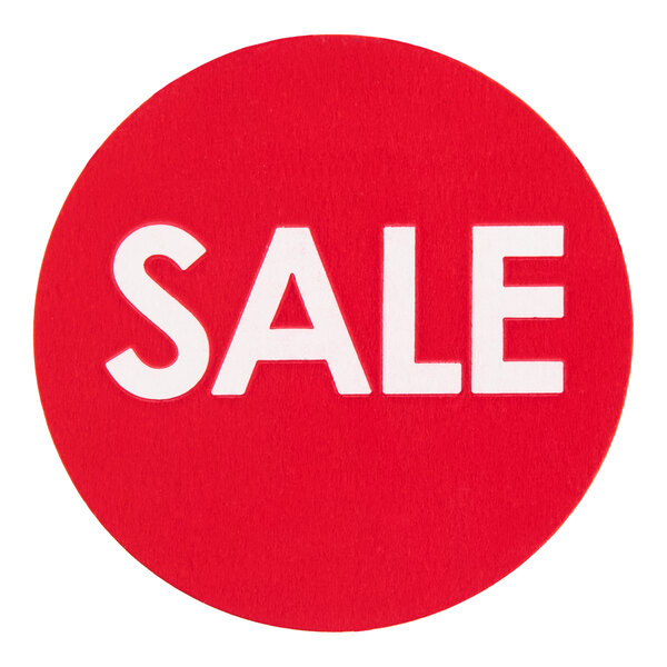 A round red label with the word 'SALE' in white letters.