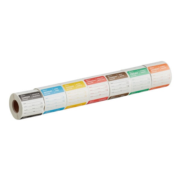 A roll of dissolvable day of the week labels in various colors.