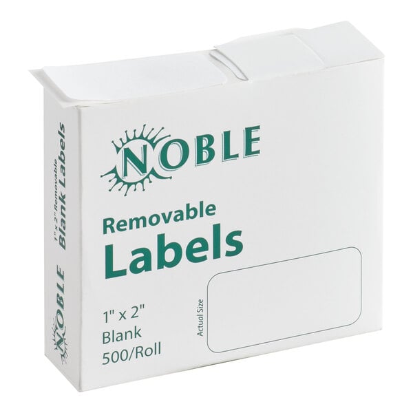 A box of Noble 1" x 2" removable blank labels containing 500 labels per roll.