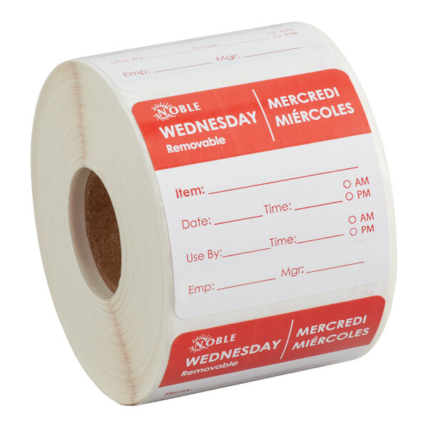 A roll of removable day of the week labels for Wednesday, measuring 2 inches by 2 inches, with spaces for item, date, time, use by, employee, and manager information.