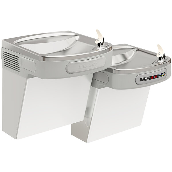 A stainless steel Elkay bi-level chilled drinking fountain with two water dispensers.