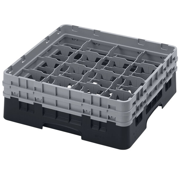 A black and grey plastic Cambro glass rack with 16 compartments.