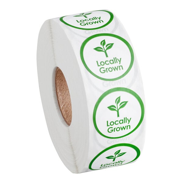 A roll of round green labels with the text 'Locally Grown' and a plant icon, containing 1,000 labels.