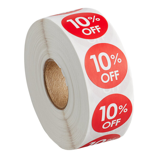 A roll of red Point Plus 10% off labels with white text.
