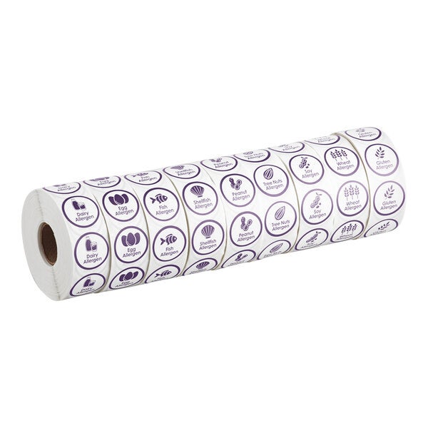 A roll of round purple labels indicating various food allergens, including soy allergen, with 1,000 labels per roll.