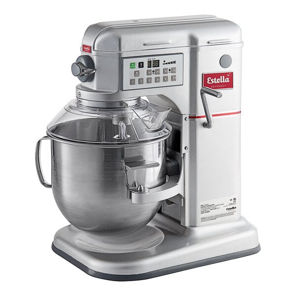 A silver Estella countertop mixer with a glass bowl on top.