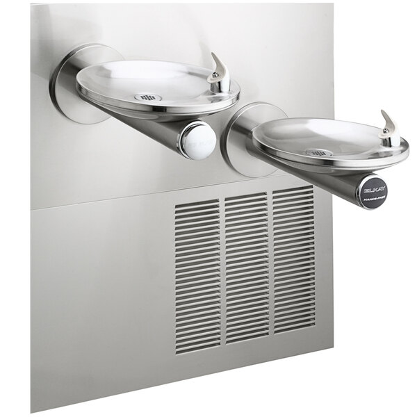 An Elkay stainless steel wall mount drinking fountain with two faucets.