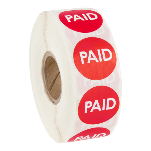A roll of red circular labels with the word 'PAID' printed in white, containing 1,000 labels.
