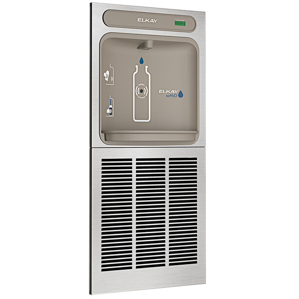 An Elkay stainless steel in-wall water bottle filling station.