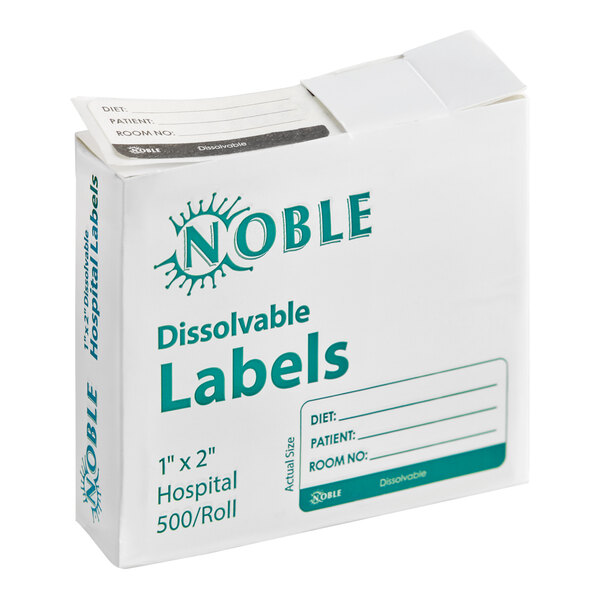 A box of Noble 1" x 2" dissolvable hospital labels containing 500 labels per roll.