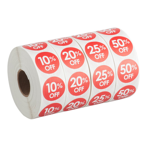 A roll of red Point Plus 20% off labels.
