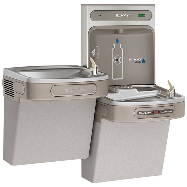 An Elkay light gray bi-level water fountain and drink dispenser.