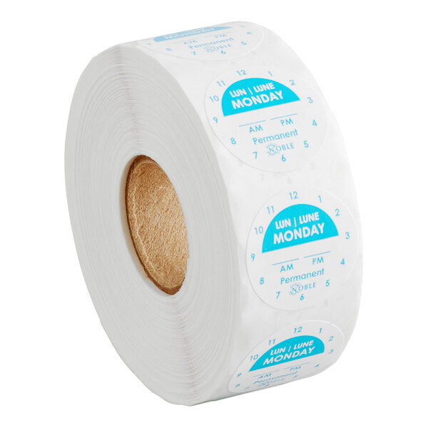 A roll of round adhesive labels marked for Monday with clock times and permanent adhesive.