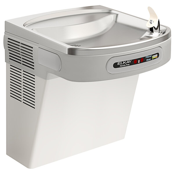 An Elkay stainless steel wall mount drinking fountain with a water tap.