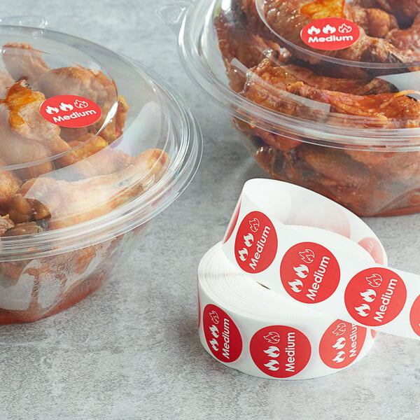 A roll of white Point Plus medium red labels on a table next to plastic containers of food with chicken wings.