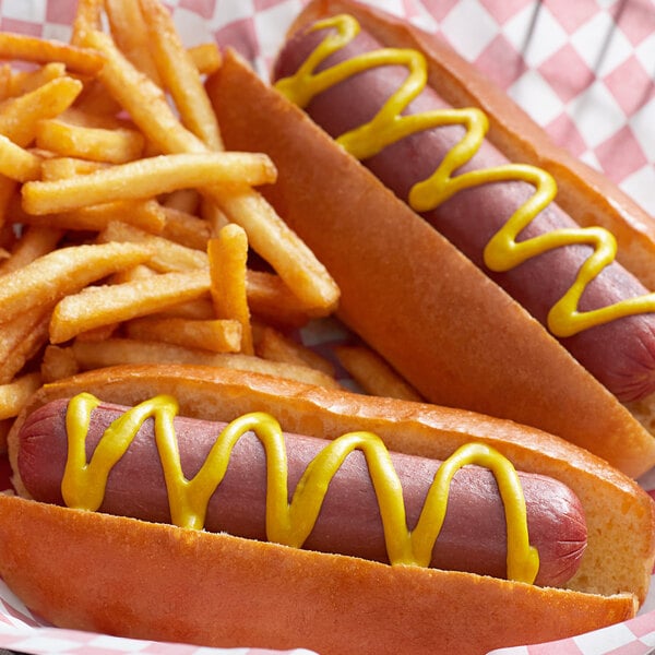 A hot dog with Heinz Yellow Mustard on it.