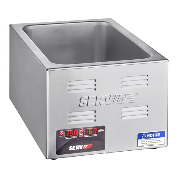 A stainless steel electric countertop food warmer with digital controls and a rectangular basin, branded ServIt.