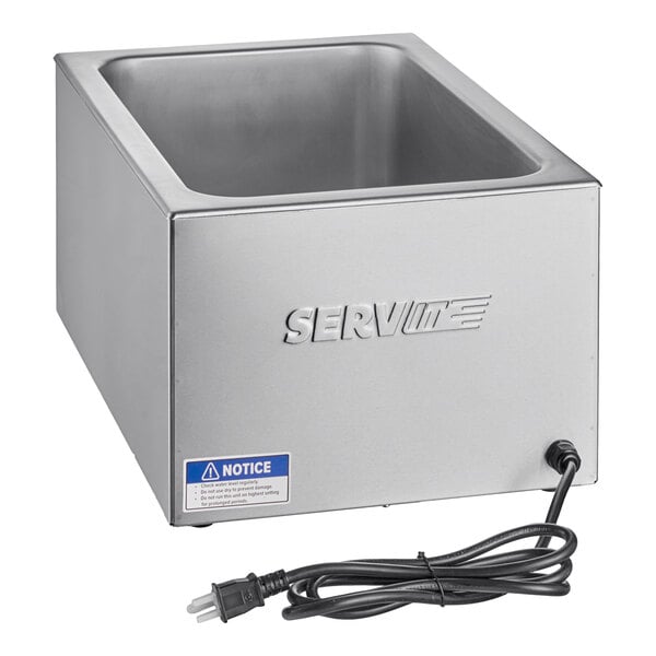 A stainless steel electric countertop food warmer with digital controls and a power cord, branded with 'SERVIT' on the front.