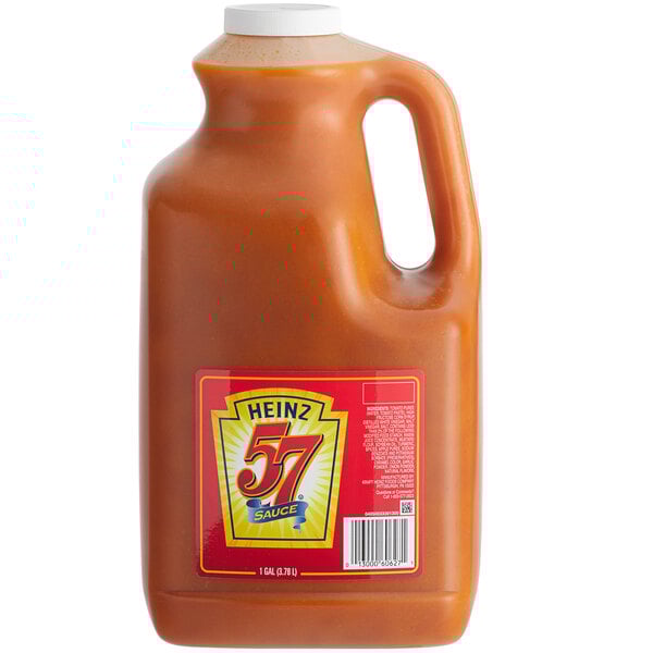 A white jug of Heinz 57 Sauce with a red label.