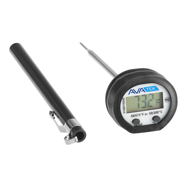 An AvaTemp digital pocket probe thermometer with a rubber boot on a counter.
