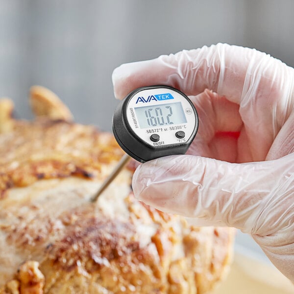 A hand holding a AvaTemp digital pocket probe thermometer over a turkey.