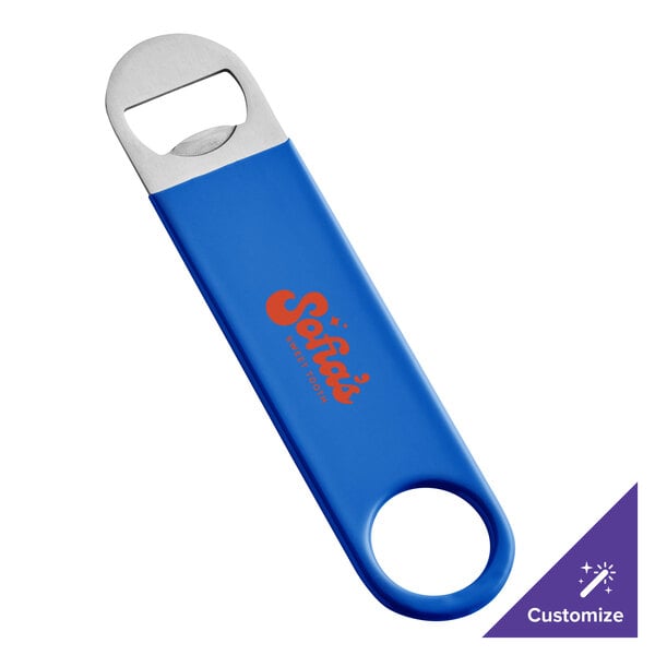 A blue 7-inch customizable bottle opener with a metal top and a circular hole at the handle end.